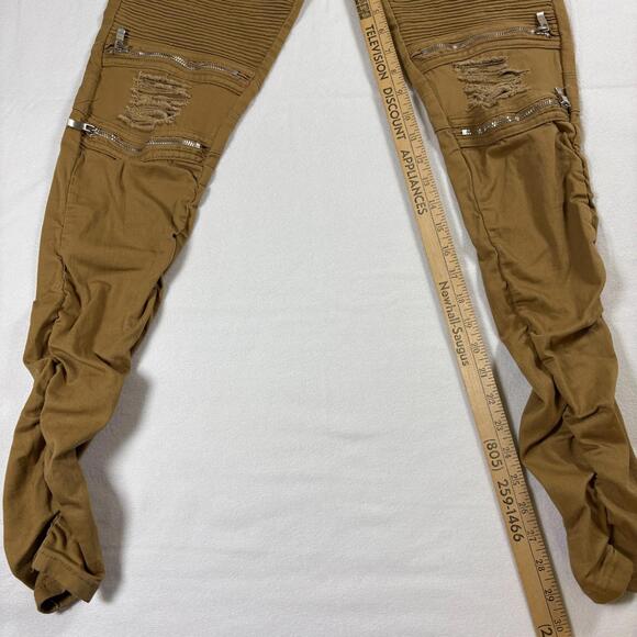 Moto Jogger Pants Mens M Tan Biker Distressed Zipper Streetwear Skinny Fit Y2K - Picture 4 of 8